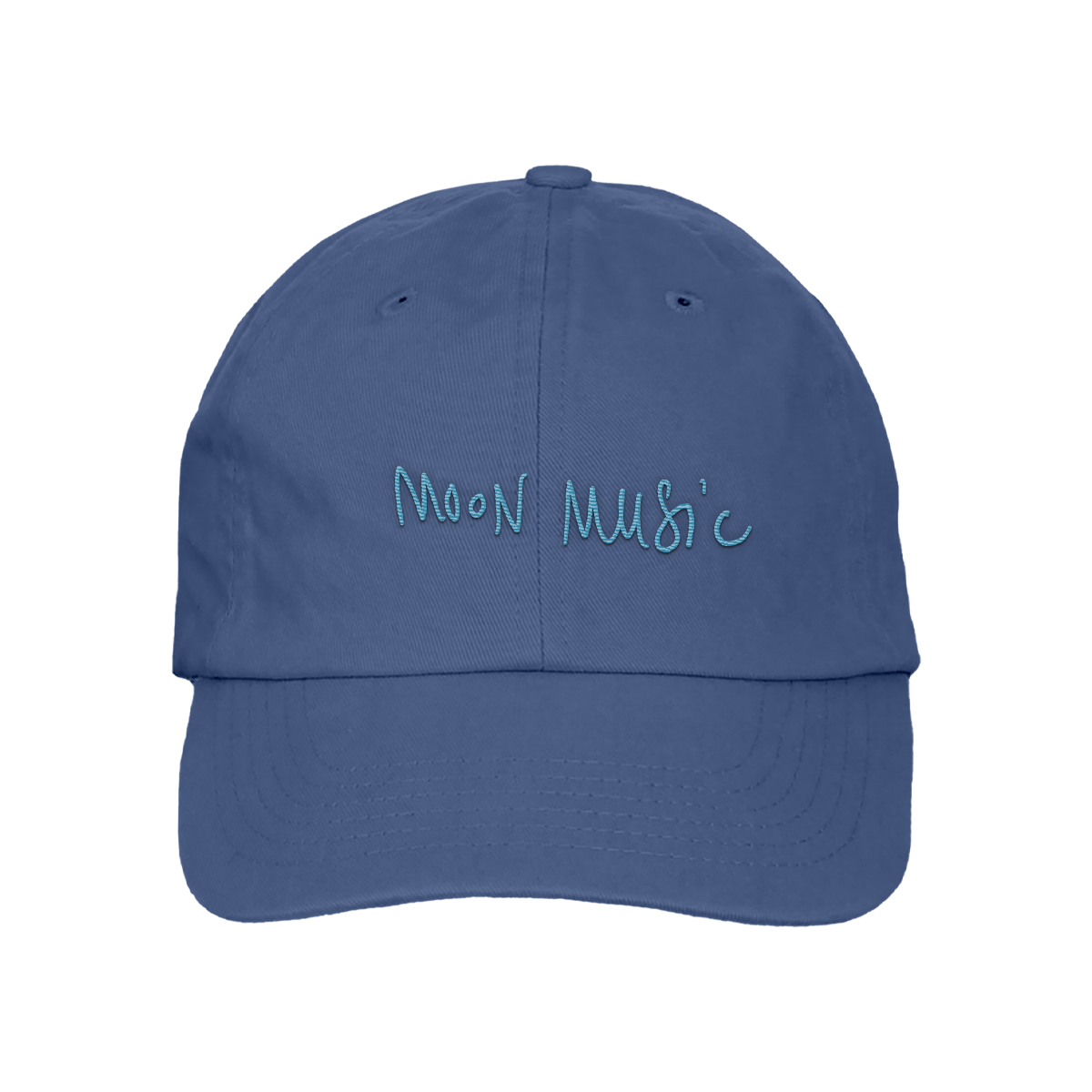 Front: a soft grey-blue baseball cap, with MOON MUSIC embroidered in Chris’s playful, light blue handwritten-style. The letters are slightly uneven, giving it a casual and artistic feel.