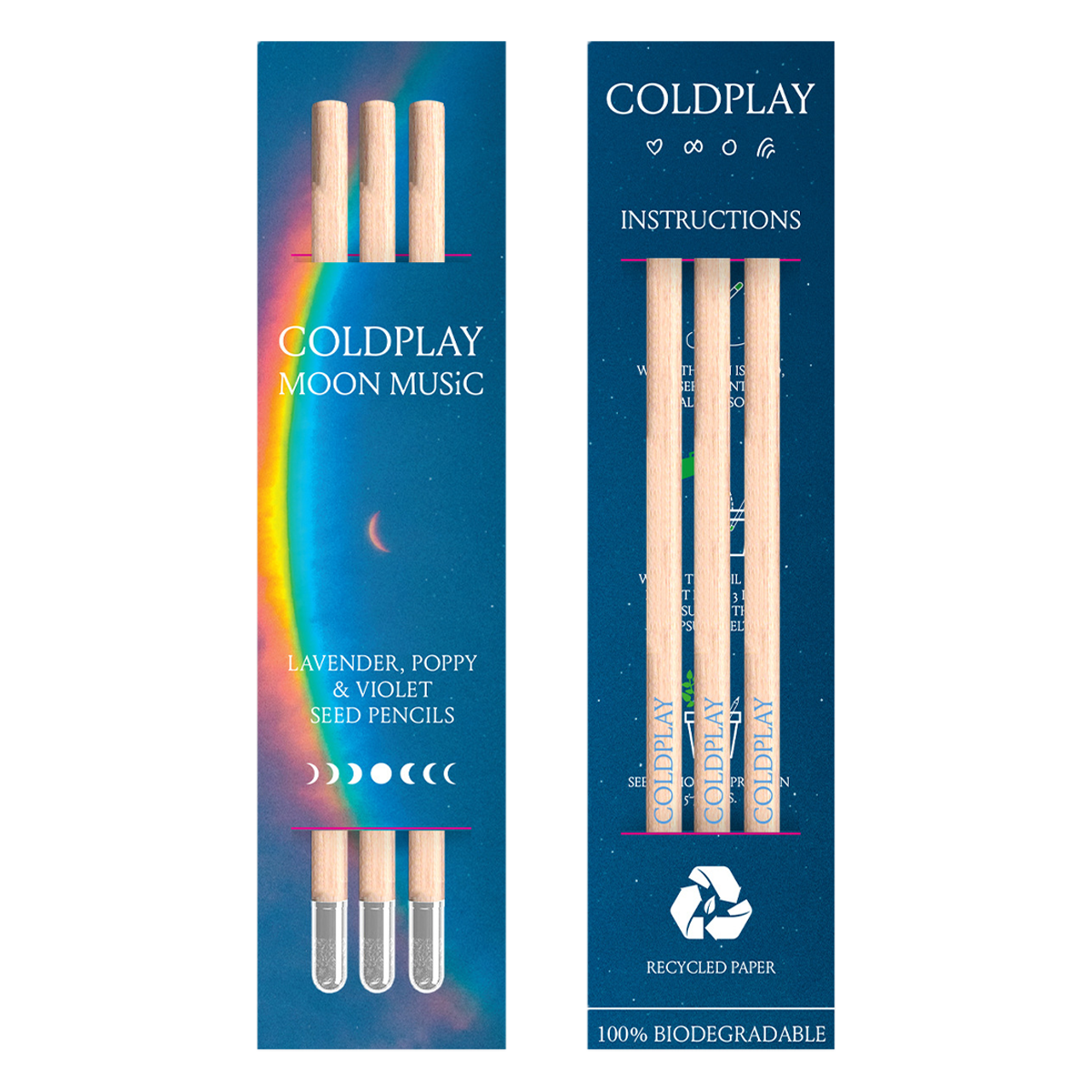 Package view from 2 sides. Front: a🌘&a large arced rainbow light dispersion to the right. Colors flow from red to orange, yellow, green, light&dark blue, fading into deep blue background. Text reads: COLDPLAY, MOON MUSIC, LAVENDER, POPPY&VIOLET SEED PENCILS. There’s a 7-phase moon cycle from🌒to🌕in the center, back to🌘 The back of the package reads: COLDPLAY, with a 🤍♾️a circle&Chris’s rainbow doodle. Text, moons&symbols are white. Instructions,♻️RECYCLED PAPER, 100%BIODEGRADABLE, package has 3 pencils