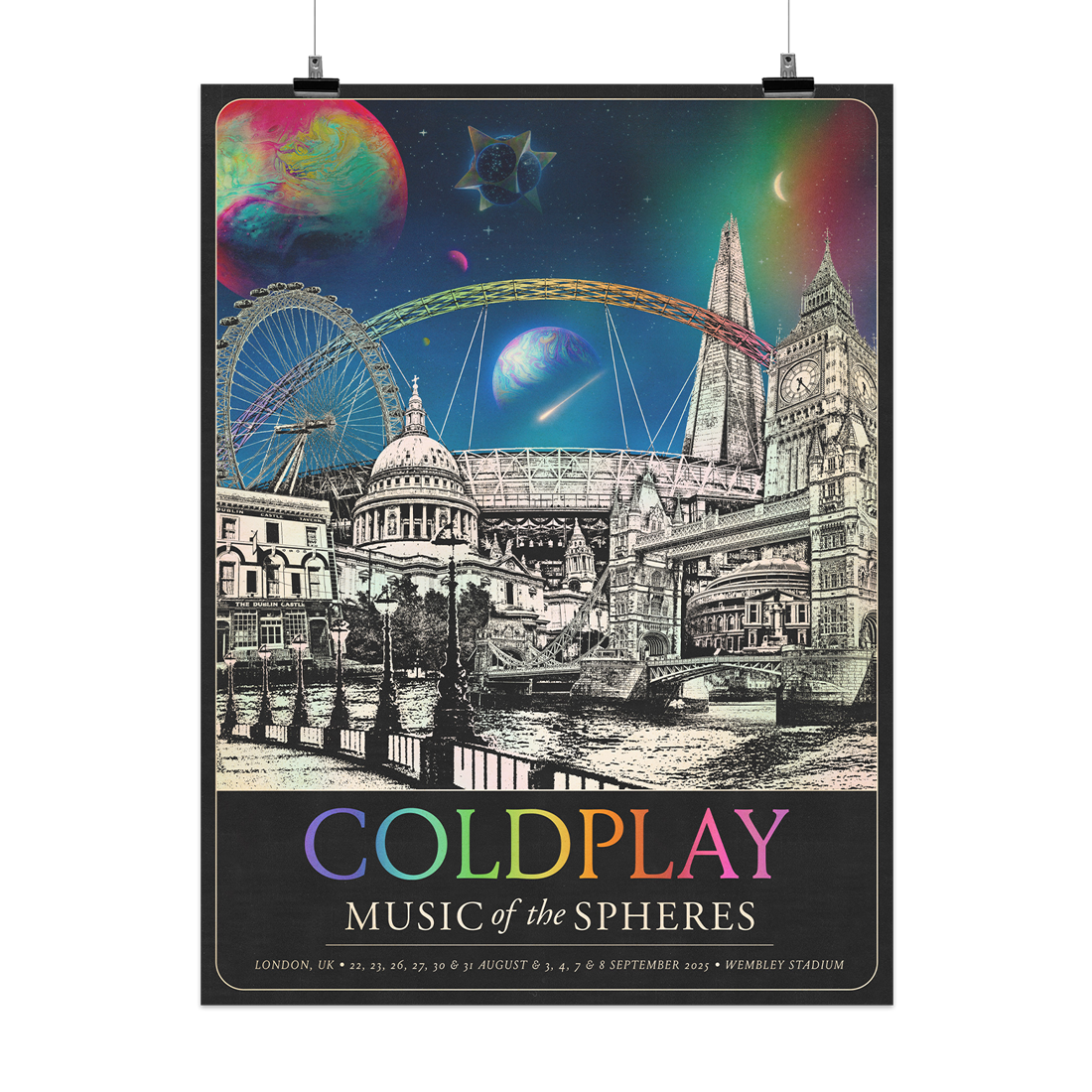 The spheres,🌘&🌈on starry night sky above city landmarks: St.Paul’sCathedral of lightGrey stone. Its hugeDome has2clocktowers. A gold ball holds a✝️TheBigBen’s4clock faces. ElizabethTower spire&its🌼👑London👁️a🎡Shard skyscraper,&TowerBridge aboveRiver Thames. A mosaic of art&science triumph encircles RoyalAlbertHall. A🤍♾️○&🌈adorn DublinCastle, Camden Irish pub where the band played a first show asColdplay.&Wembley🏟️its arch glows like a🌈COLDPLAY written in neon tones. MUSIC OF THE SPHERES, dates&venu