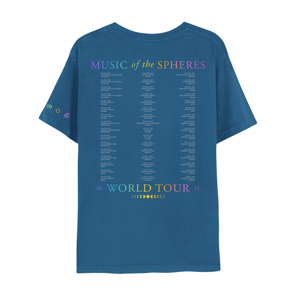Back: MUSIC OF THE SPHERES printed across the shoulders in a gradient of purple, light blue, green, yellow, orange, pink and fuchsia, above dates and cities in gray. On the low back, an 11-phase lunar cycle is shown in shades of green, yellow and orange, from new moon to full moon in the center and back, below the dates and WORLD TOUR 2025 in a matching gradient.