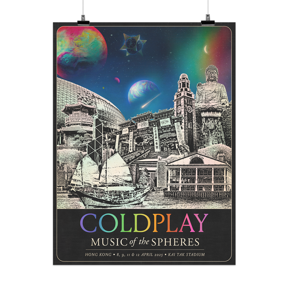 The spheres, 🌘&a rainbow arc on a starry night sky above city landmarks: Kai Tak Stadium, a bronze sculpture of Buddha sitting on a lotus flower throne; Wong Tai Sin Temple, with stairs to the entrance, pillars&roofs; a clock tower, with round arched doors& an octagonal belfry; the Star ferry pier; a tall junk Boat with 2 sails; Bank of China skyscraper, and Chi Lin Nunnery. A 🤍♾️circle&🌈 adorn the base of its balcony. COLDPLAY written in neon rainbow colors. MUSIC OF THE SPHERES, HONG KONG, dates&venue