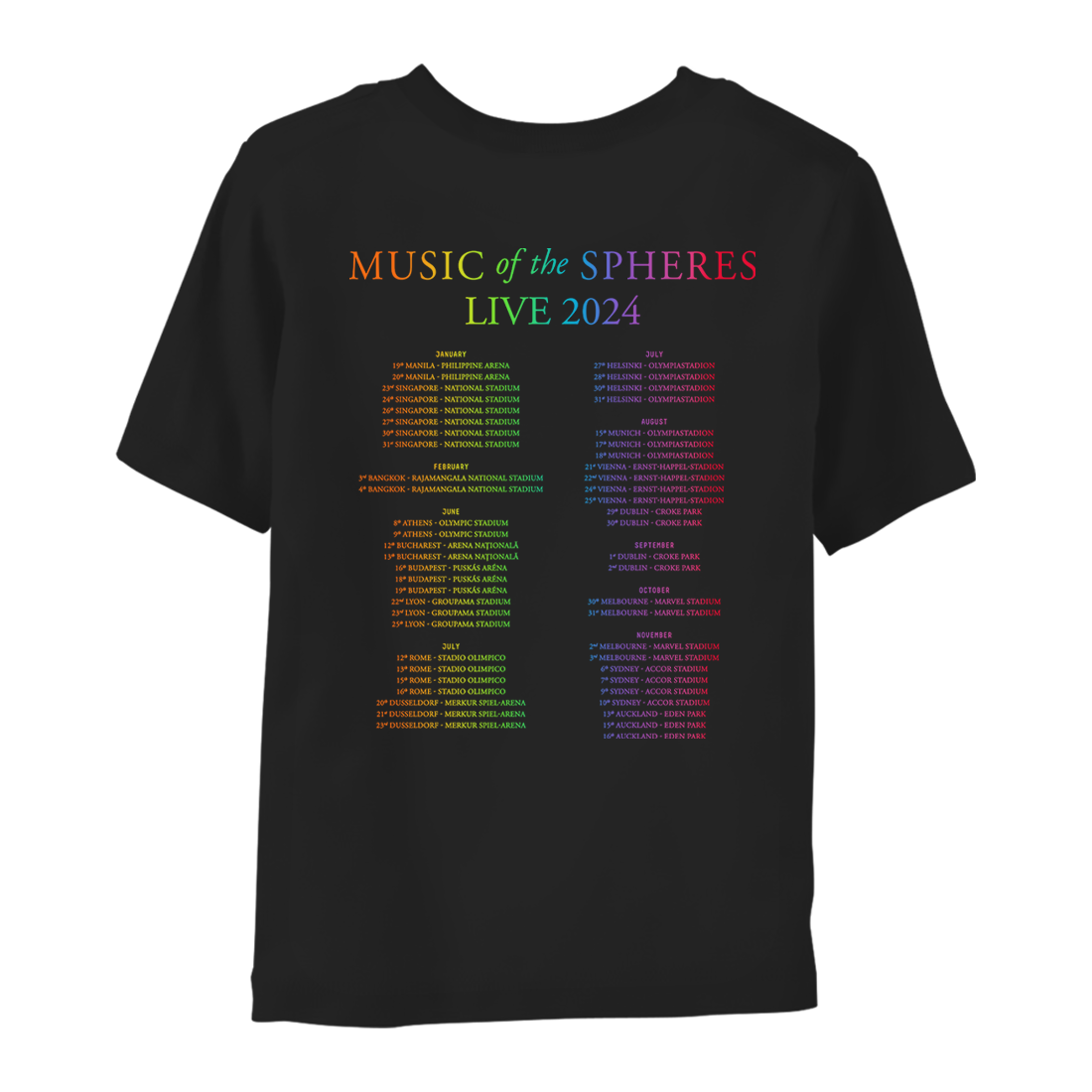 Back: MUSIC OF THE SPHERES and 2024 tour dates, cities and stadiums, in a neon colors gradient of orange, yellow, green, blue, violet, pink and red. LIVE 2024, in light green, yellow, blue, and purple. The dates go from January to November, organized in 2 columns.
