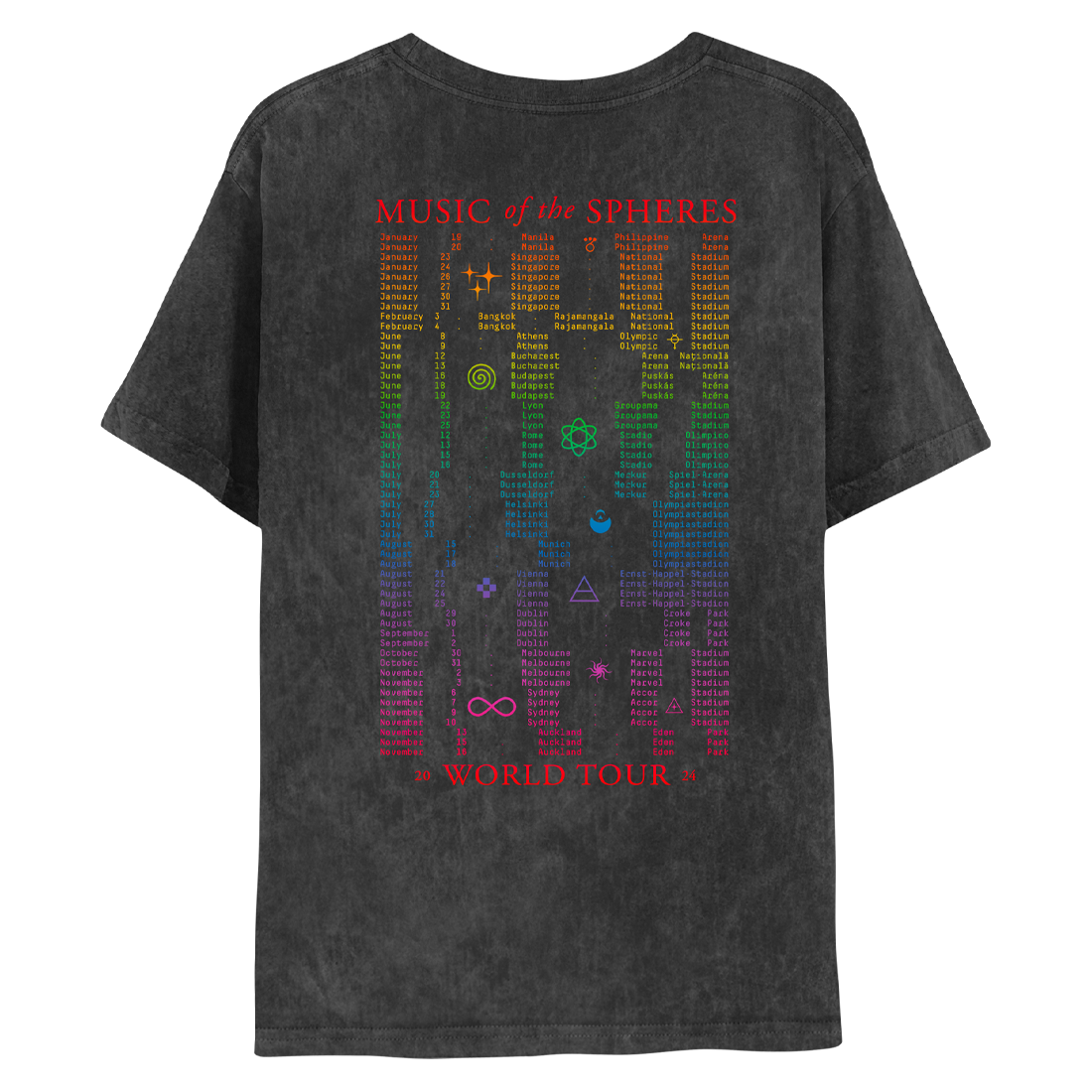 Back: MUSIC of the SPHERES WORLD TOUR 2024 in red; dates printed in a vertical rainbow gradient from red to fuchsia. Geometric symbols are spaced throughout. A lilac triangle with a horizontal line, means air in alchemy, orange sparkles as stars, a purple cross made of squares, a pink infinity sign, a green atom with elliptical orbits & electrons spinning around a nucleus, a yellow spiral swirl as a cyclone, a pink fuchsia sun with wavy rays & 2 blue crescent moons with a triangle in the center.