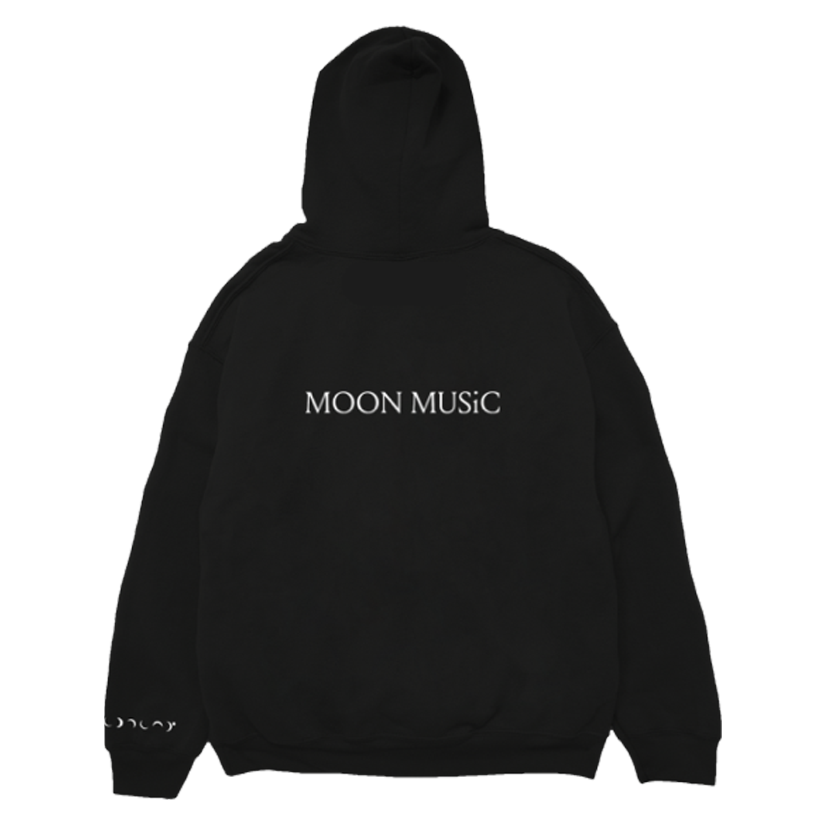 Back: MOON MUSIC is printed across the shoulders, the text is in white serif style, with small lines or strokes attached to the ends of the letters.