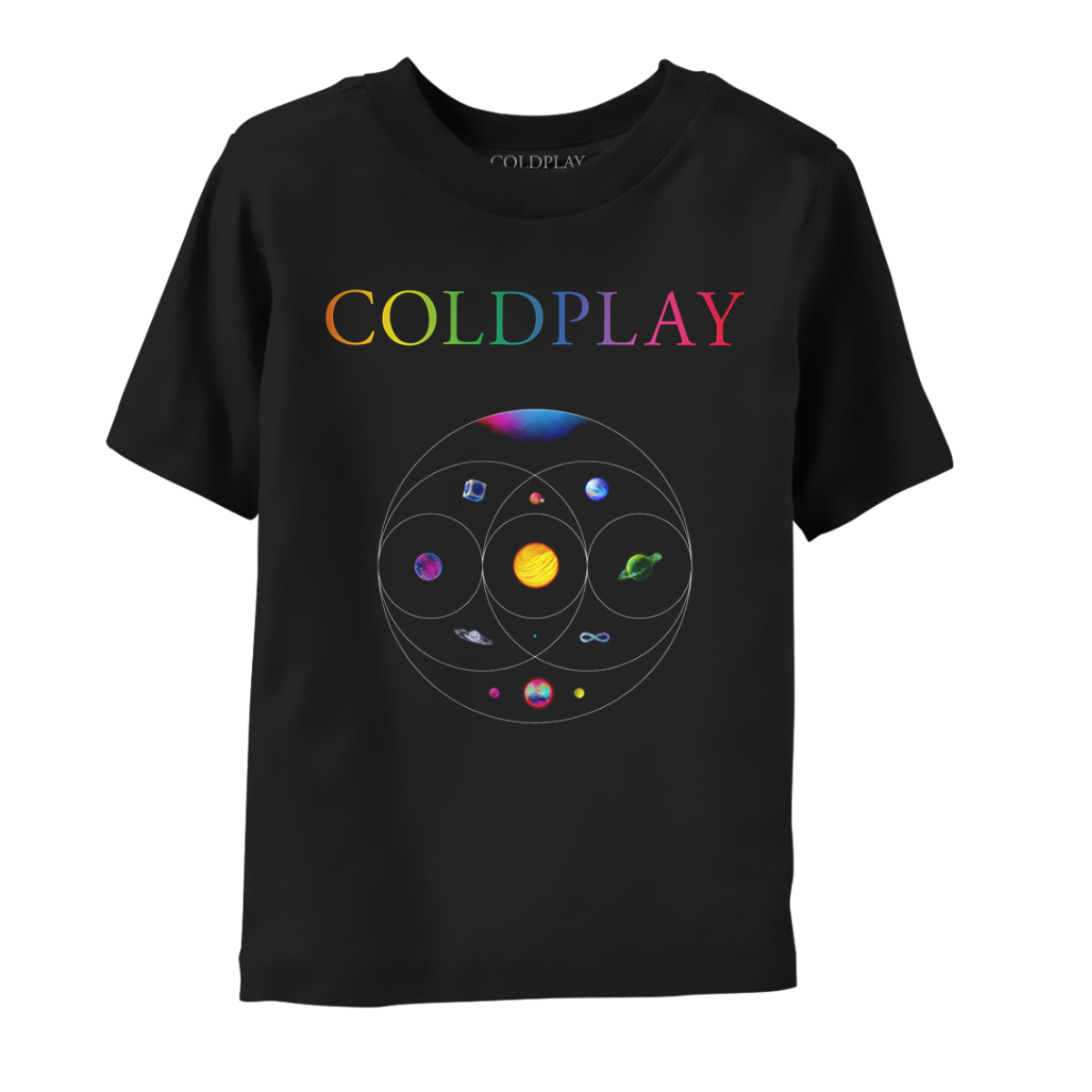 Front: COLDPLAY in neon colors across the chest; 11 planets sit inside eccentric circles which overlap like a Venn diagram below. A pink&blue nebula, blue planet in a silver cube. Pink planet with orange crater&green moon. One where light blue, orange pink streaks flow as water. Yellow and orange sun-like planet, one of magenta&dark blue waves, a green planet with ring made of foliage, an opalescent sphere with large ring, a purple, green&blue infinity sign, and a pink, blue&green planet with neon moons.