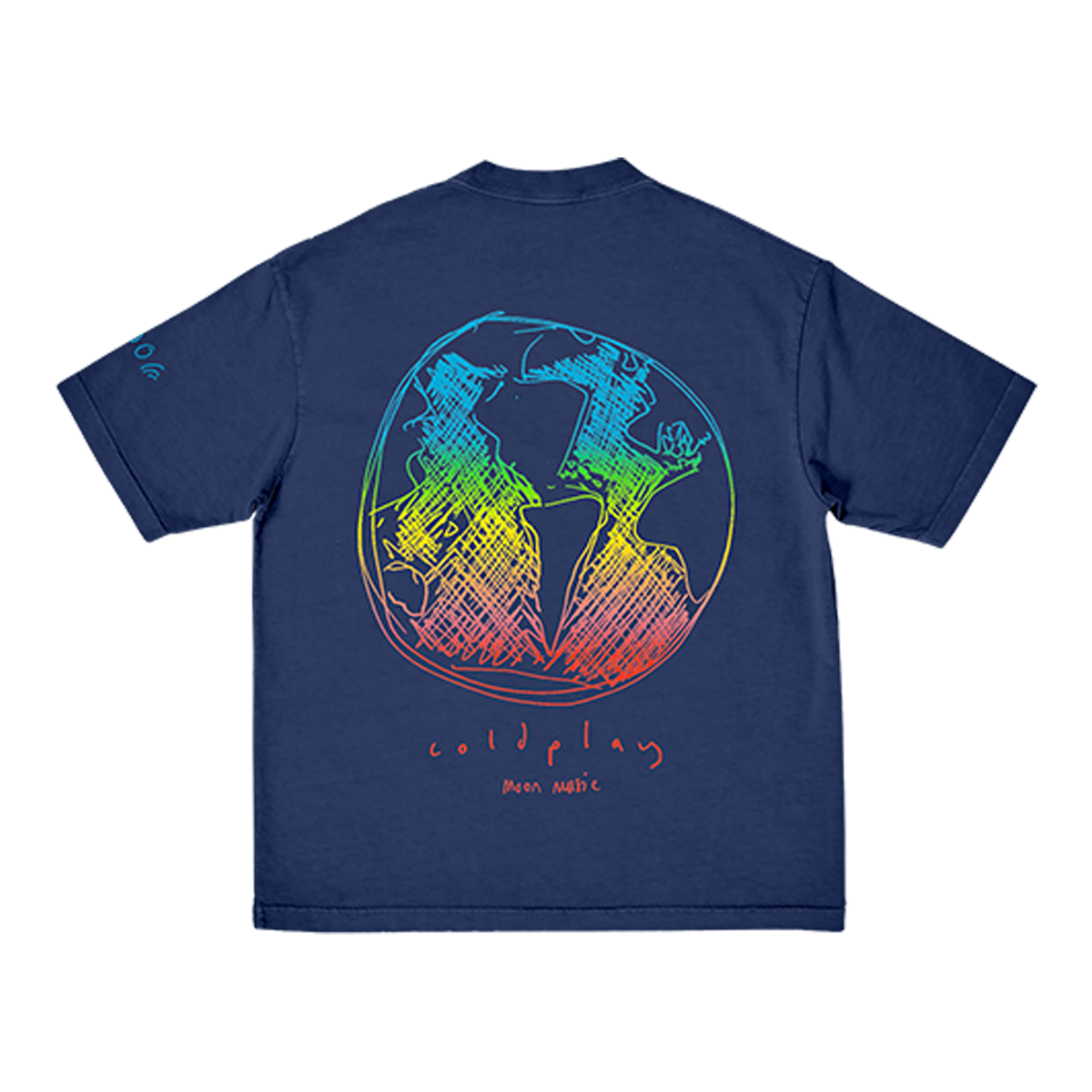 Back: features a large, colorful sketch of the Earth, drawn in a scribbled, abstract style filled with spontaneous lines, forming figures. The circle looks like it was drawn a few times over, with the pencil going out of the trace while sketching, creating a couple concentric circles inside. The lines of the sketch are blue at the top, green&yellow near the center, and pink&red at the bottom. In some parts the background is blue, like patches of ocean. Below, Coldplay&Moon Music are hand-written in red.