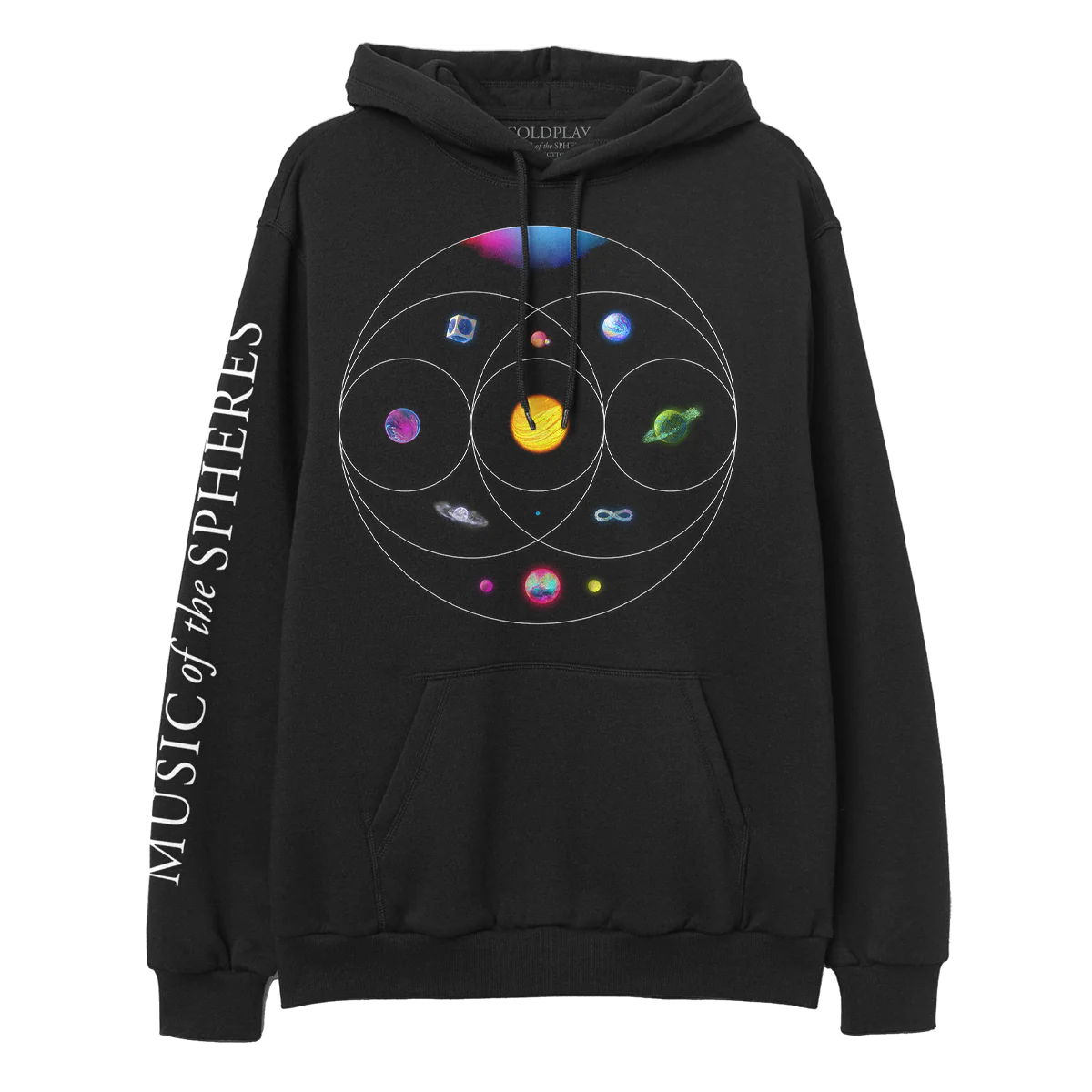 Front: COLDPLAY in neon colors on the chest; 11 planets sit inside eccentric circles which overlap like a Venn diagram below. A pink&blue nebula, blue planet in a silver cube. Pink planet with orange crater&green moon. One where light blue, orange pink streaks flow as water. Yellow and orange sun-like planet, one of magenta&dark blue waves, a green planet with ring made of foliage, an opalescent sphere with large ring, a purple, green&blue infinity sign, and a pink, blue&green planet with neon moons.