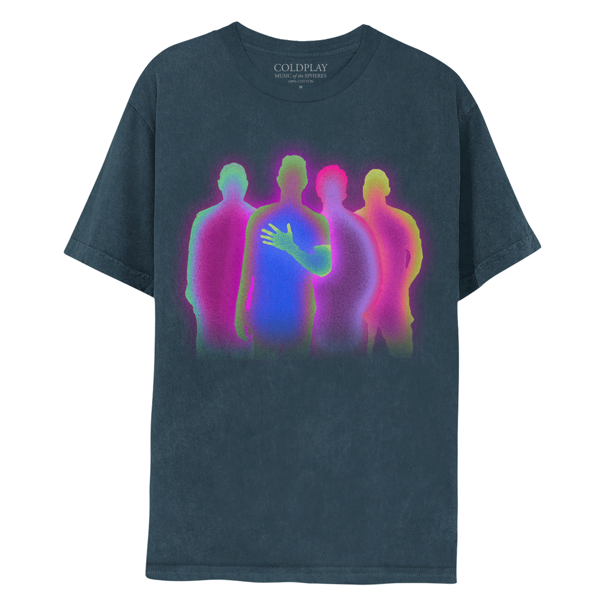 Front: the band as silhouettes: Jonny in magenta with a green border, Chris in blue with a green border, with left hand on chest introducing himself, Guy in purple with a bright pink border, Will with hands on back in magenta, with yellowish green border. The band members are shadow outlines without detail.