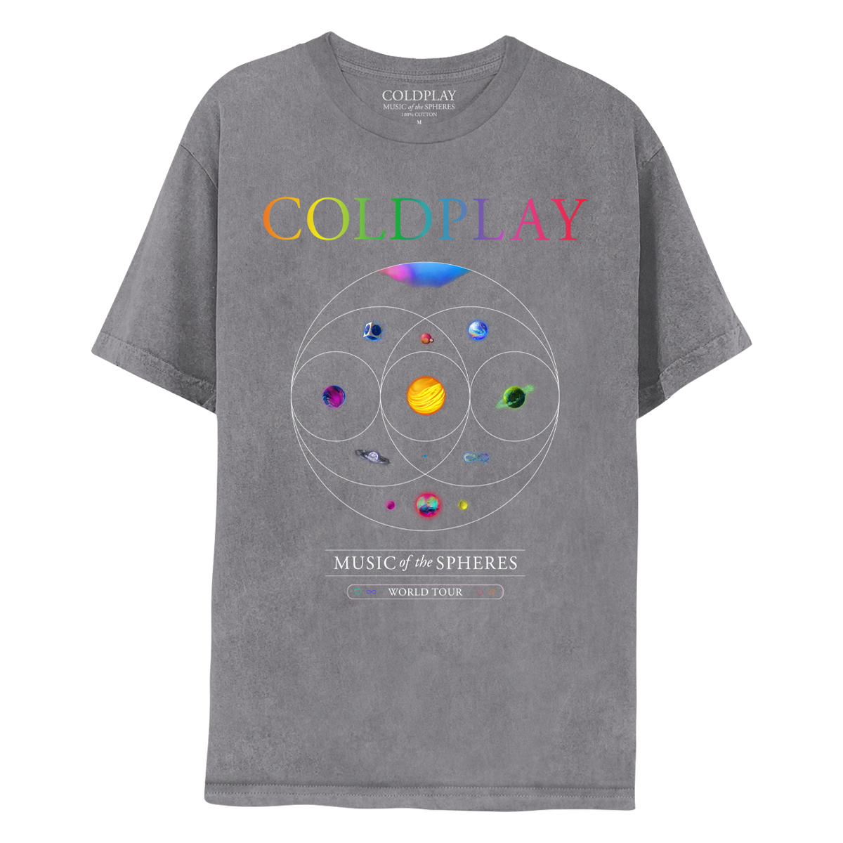 Front: COLDPLAY in neon colors on the chest; 11 planets sit inside eccentric circles which overlap like a Venn diagram below. A pink&blue nebula, blue planet in a silver cube. Pink planet with orange crater&green moon. One where light blue, orange pink streaks flow as water. Yellow and orange sun-like planet, one of magenta&dark blue waves, a green planet with ring made of foliage, an opalescent sphere with large ring, a purple, green&blue infinity sign, and a pink, blue&green planet with neon moons. 