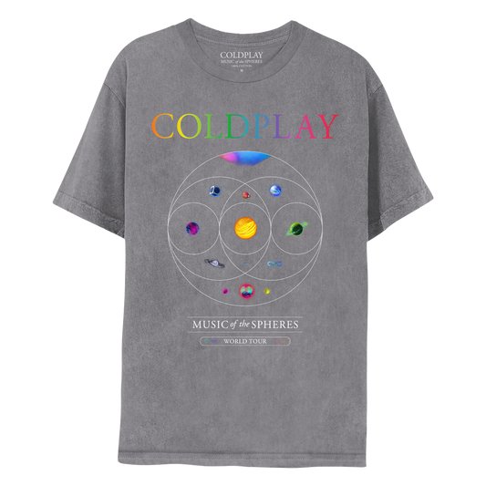 Front: COLDPLAY in neon colors on the chest; 11 planets sit inside eccentric circles which overlap like a Venn diagram below. A pink&blue nebula, blue planet in a silver cube. Pink planet with orange crater&green moon. One where light blue, orange pink streaks flow as water. Yellow and orange sun-like planet, one of magenta&dark blue waves, a green planet with ring made of foliage, an opalescent sphere with large ring, a purple, green&blue infinity sign, and a pink, blue&green planet with neon moons. 
