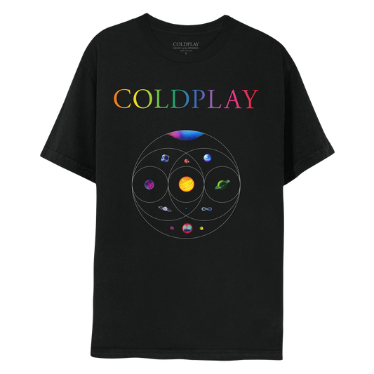Front: COLDPLAY in neon colors across the chest; 11 planets sit inside eccentric circles which overlap like a Venn diagram below. A pink&blue nebula, blue planet in a silver cube. Pink planet with orange crater&green moon. One where light blue, orange pink streaks flow as water. Yellow and orange sun-like planet, one of magenta&dark blue waves, a green planet with ring made of foliage, an opalescent sphere with large ring, a purple, green&blue infinity sign, and a pink, blue&green planet with neon moons.