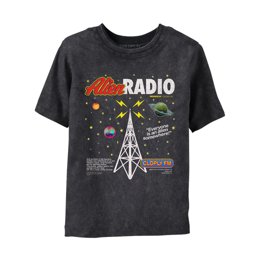 Front: Yellow stars and 3 planets surround a white radio tower with yellow lightning sparking at the top. Text: Alien in red with yellow trim, alien face on letter I, RADIO in white font. PRESENTED BY COLDPLAY in yellow. Everyone is an Alien Somewhere! The last chorus of Coloratura by the Earth band known as Coldplay, released into the universe on 7.23.21 at the tower's left base. CLDPLY FM in a blue oval with red & yellow trim at the tower's right base. BROADCASTING FROM LONDON UK SINCE 1997 in white.