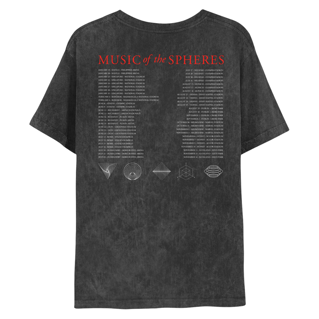 Back:MUSIC OF THE SPHERES above 2024 tour dates in white in two widespread columns;Geometric symbols sit below. Spiral triangle, a fixed border with lines creating a swirl inside. Circles within a circle creating a black hole effect. A square standing on it's edge with smaller squares layered inside. A cube within a 2-D hexagon with lines extending through the top & the lower left and right sides.A set of circles stacked vertically, widening at the middle like a planet's ring. Fabric is washed out dark gray