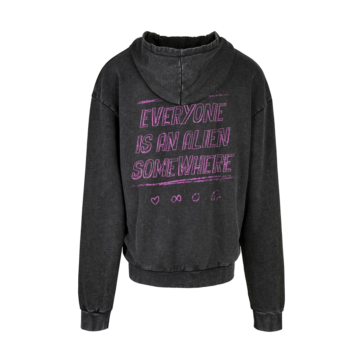 “EVERYONE IS AN ALIEN SOMEWHERE” in large, slanted font which is lightly filled in, giving it a chalk-like appearance. There are lines above and below the text, framing the central design. Below are a hand-drawn heart, infinity, circle, and rainbow also in pink.