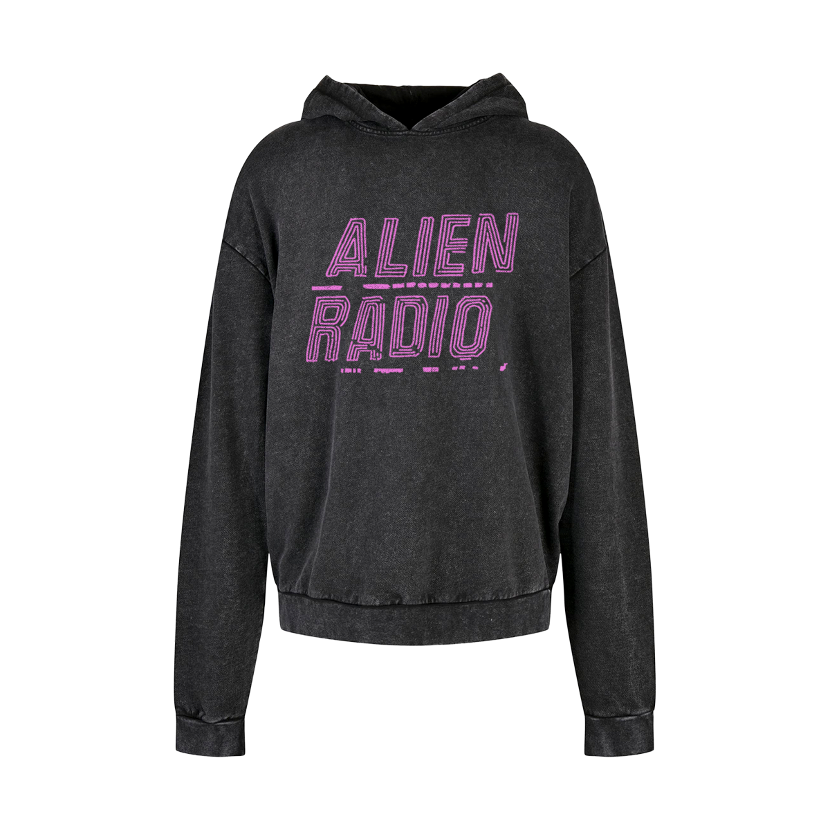 Front: “ALIEN RADIO” printed in pink on the front of a black hoodie with a subtle stone washed finish. The font is large block lettering with two sets of lines sitting within the outline of each letter, and each word is underlined with fragmented lines. The design is centered on the chest.
