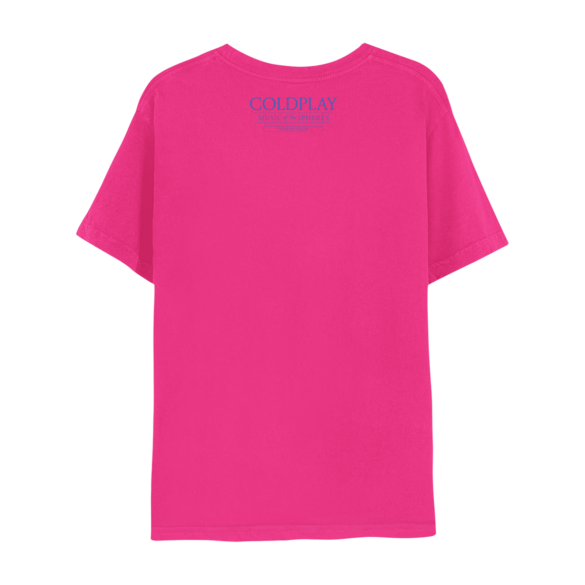 Back: Coldplay Music of the Spheres World Tour logos sit below the neckline in bright blue. The shirt is bright pink.