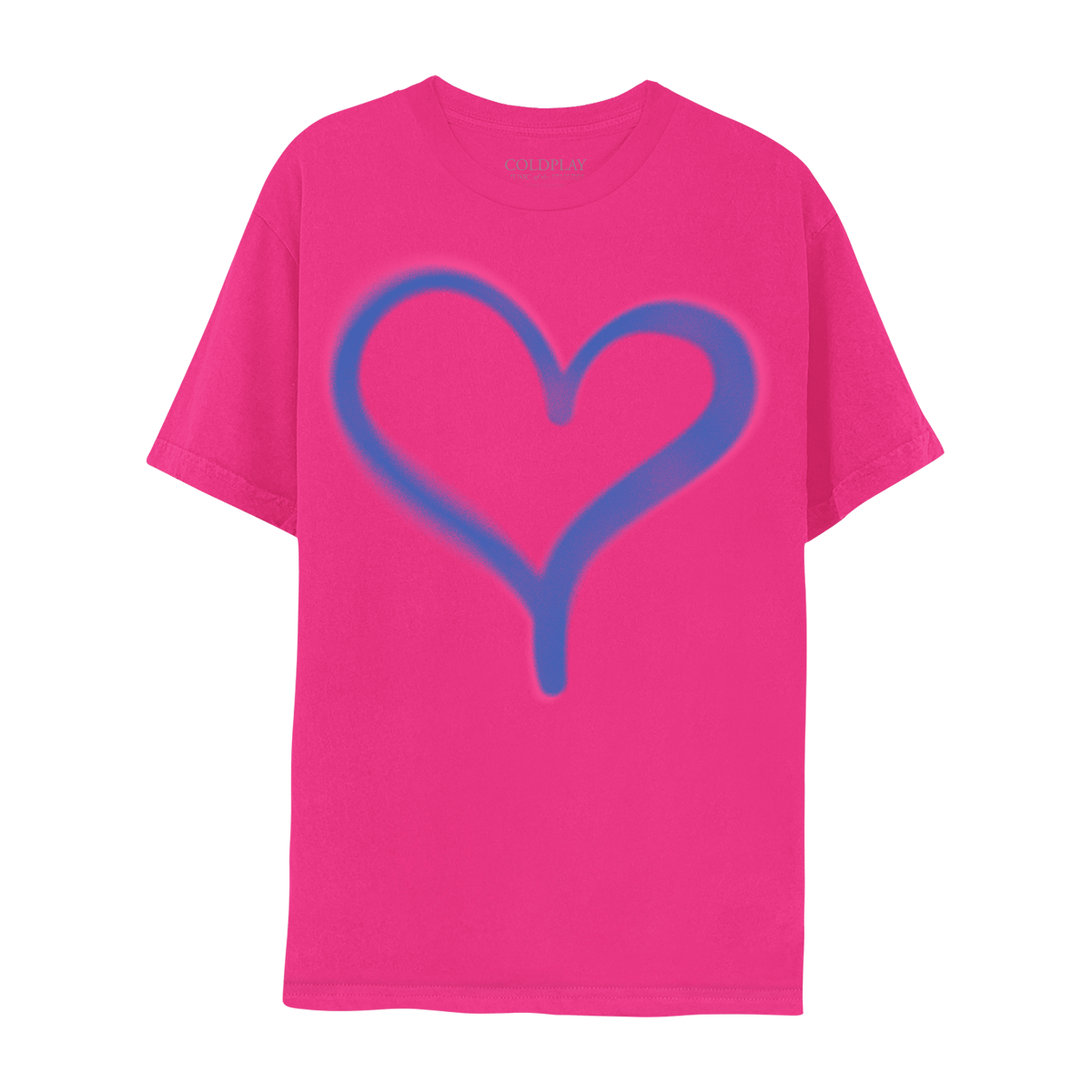 Front: A bright blue heart printed on the front of a bright pink tee in spray paint style with some areas looking a bit blurred. The left arch of the heart is wider than the right, and the tail of the heart is long. The heart sits in the center of the chest.