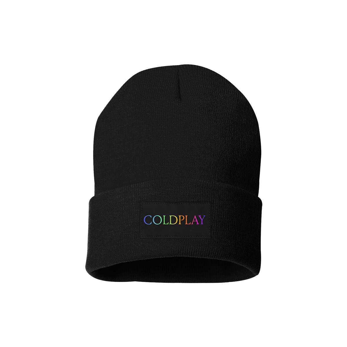 Black knitted winter beanie, with the word COLDPLAY written on the front, in rainbow gradient letters. C is lilac, O is light blue, L is green, D green to yellow, P is orange, L dark orange, A is pink fuchsia, and Y is lilac. The colors blend smoothly from one letter to the next. This logo is on a small rectangular patch, sown onto the fabric. The beanie looks very cozy&has a folded brim. The design is minimalistic and modern