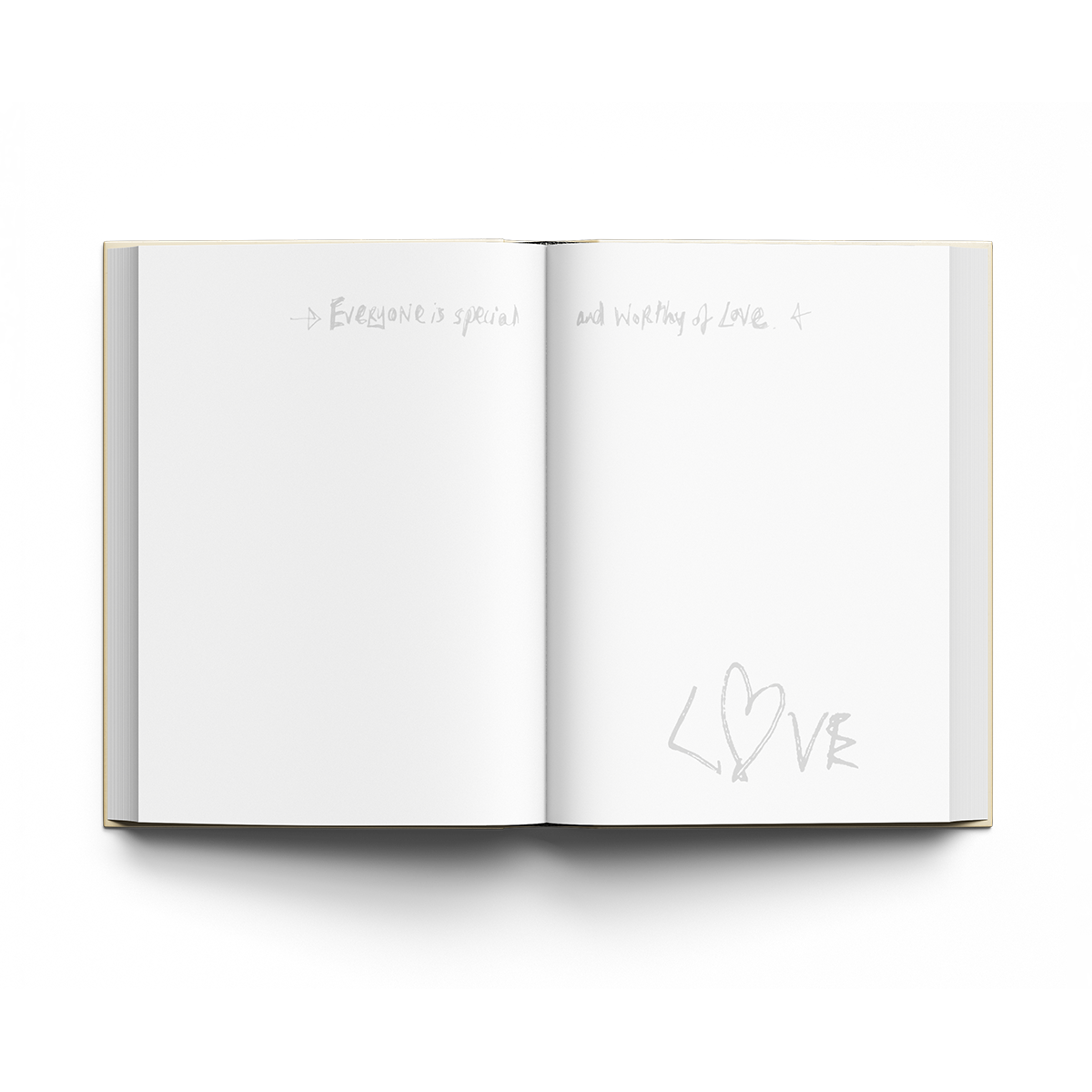 Pages in an open notebook display hand-written notes, in light grey pencil: Everyone is special and worthy of love. On the left page, a right arrow points to Everyone is special, written in a soft, delicate script on the top right. Everyone is emphasized with a thicker stroke. On the right page, a left arrow points to the phrase and worthy of love on top left, making a smooth transition between the pages. LOVE is written again larger On the bottom right corner. The L is slanted. A heart makes the letter O