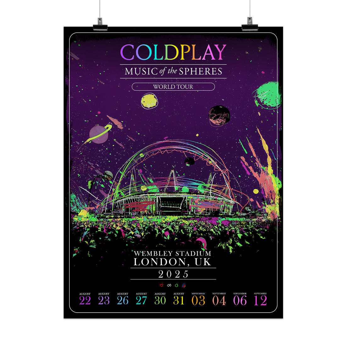 Wembley Stadium drawn in a sketch style with a large crowd gathered in front – the background is dark purple and the sketch is in neon green&bright purple with splatters of paint in yellow, pink, coral, and dark purple. There are planets in the sky. Coldplay Music of the Spheres World Tour logos at the top. Wembley Stadium London, UK 2025 and dates at the bottom.