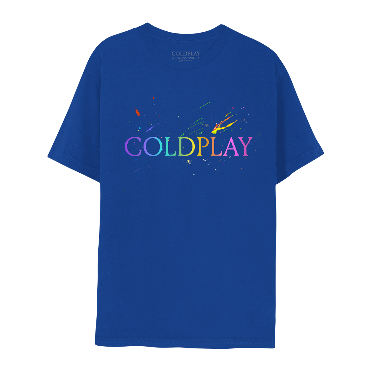 Front: “COLDPLAY” printed large across the chest of a royal blue tee. C is lilac, O is teal, L is light green, D is yellow, P is yellow orange, L is orange pink, A is light pink, and Y is dark pink. Behind the logo are light paint splatters in red, orange, yellow, green, blue and purple.