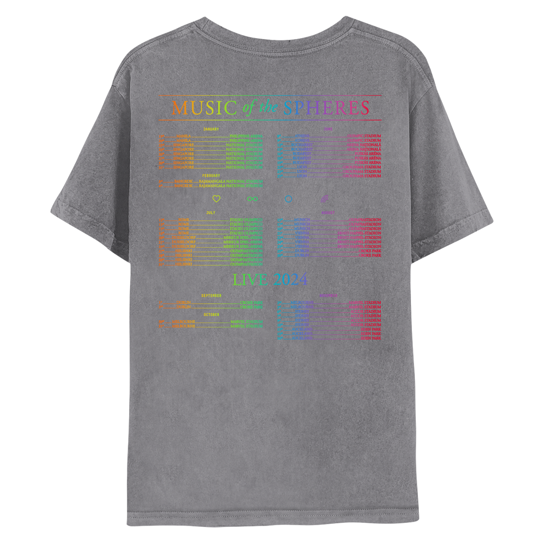 Back: MUSIC of the SPHERES; 2024 tour dates in neon. Dividing the first and second row of months are a yellow heart, cyan infinity sign, blue circle and purple rainbow. Dividing the second and third row of months is LIVE 2024 green, cyan, and purple. The shirt is a light distressed grey.
