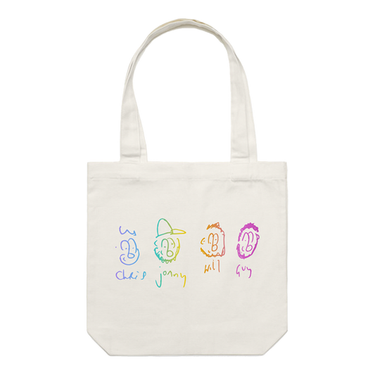White tote bag. The front features Coldplay member faces as cartoons: Chris in blue, Jonny in green wearing a cap, Will in orange, and Guy in pink fuchsia, with a beard. Each face is labeled with their names underneath, in Chris’s handwriting. Their faces are abstract, playful line drawings with exaggerated features like large eyes and wide smiles. The bag is spacious and has 2 handles.