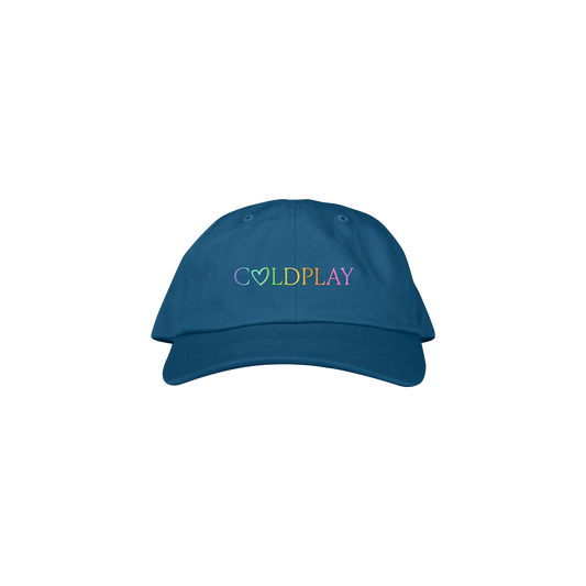 A blue baseball cap, with COLDPLAY stitched in a colorful gradient. A hand-drawn heart makes the letter O; C is purple, O is light blue, L is green, D green to yellow, P is orange, L is dark orange, A is pink, Y is fuchsia.  