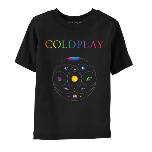 Front: COLDPLAY in neon colors across the chest; 11 planets sit inside eccentric circles which overlap like a Venn diagram below. A pink&blue nebula, blue planet in a silver cube. Pink planet with orange crater&green moon. One where light blue, orange pink streaks flow as water. Yellow and orange sun-like planet, one of magenta&dark blue waves, a green planet with ring made of foliage, an opalescent sphere with large ring, a purple, green&blue infinity sign, and a pink, blue&green planet with neon moons.
