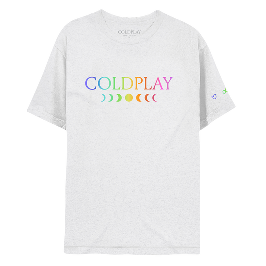 Front: COLDPLAY printed in a rainbow gradient. C is purple, O is light blue, L is green, D is green to yellow, P is orange, L is dark orange, A is bright pink, and Y is a muted pink. A 7-phase moon cycle sits below in the same color gradient. A purple heart, green infinity sign, orange circle, and pink rainbow adorn the left sleeve.