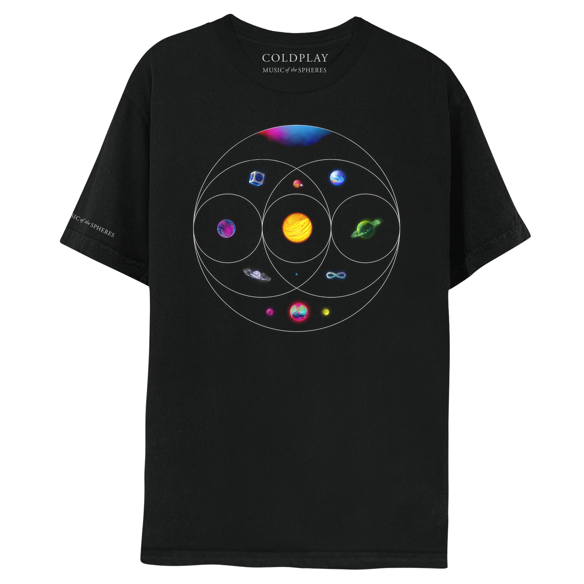Front: 11 planets in circles overlap like a Venn Diagram: pink, blue, green&purple nebula. Green planet of flowers, turquoise rivers&foliage💍golden sphere of solar flares&Orange lava. Planet of dark blue, magenta&white ocean waves. Blue circuit board planet in silver cube. One of purple&indigo swirls. One as a purple, blue&green♾️Blue&purple planet. Pink sphere with orange crater&green moon. Blue opal with💍&pink, blue, purple&green planet with pink&yellow neon moons. Background fades from black to blue