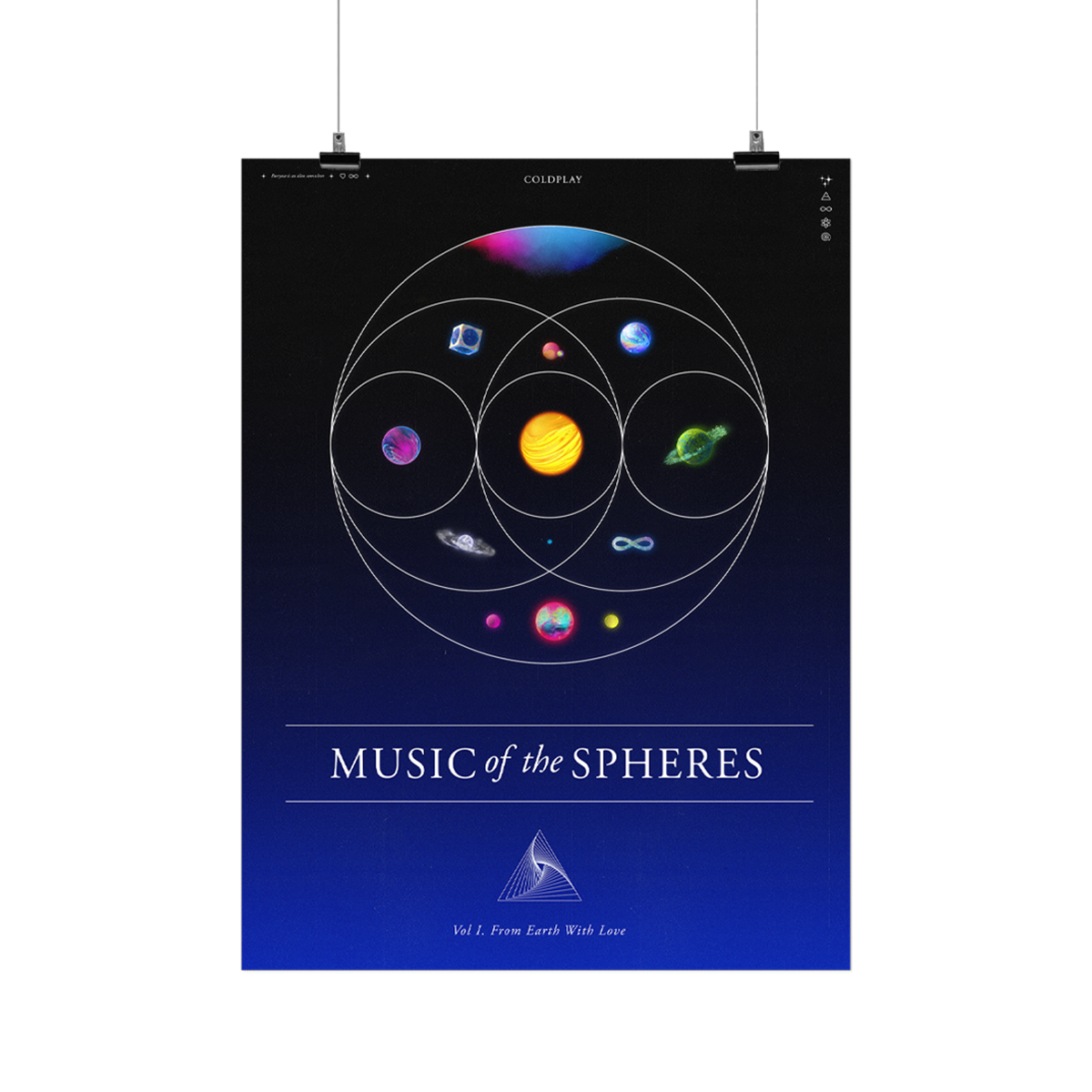 11planetsInCirclesOverlapLikeVennDiagram: pink,Blue,Green&purpleNebula. GreenPlanetOfFlowers,TurquoiseRivers&foliage💍goldenSphereOfSolarFlares&FieryOrangeLava. PlanetOfDarkBlue,Magenta&whiteOceanWaves;BlueCircuitBoardPlanetIn silverCube;1ofPurple&indigoSwirls.1as aPurple,Blue&green♾️Blue&purplePlanet;PinkSphereWithOrangeCrater&greenMoon;BlueOpalWith💍&pink,Blue,Purple&greenPlanetWithPink&yellowNeonMoons. CoverFadesFromBlackToBlue. TextReads: COLDPLAY; MUSIC OF THE SPHERES;Vol 1;FROM EARTH WITH LOVE