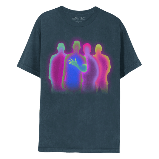 Front: the band as silhouettes: Jonny in magenta with a green border, Chris in blue with a green border, with left hand on chest introducing himself, Guy in purple with a bright pink border, Will with hands on back in magenta, with yellowish green border. The band members are shadow outlines without detail.